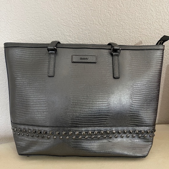 DKNY Metallic Gray Leather Studded Tote | Zip Top | Large - Picture 3 of 16